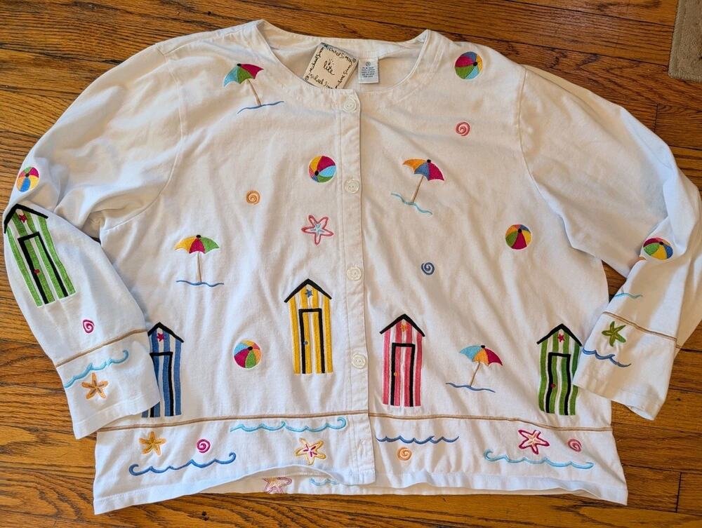 Vintage Michael Simon Embroidered Beach Cardigan Women's 2X White